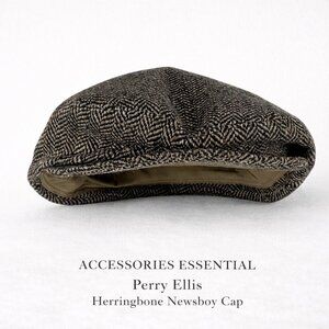 Perry Ellis 100% Wool Herringbone Newsboy Cap Brown Tweed L Classic
